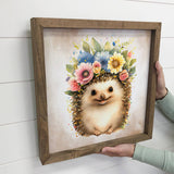 Cute Flower Hedgehog - Nursery Art with Rustic Wood Frame