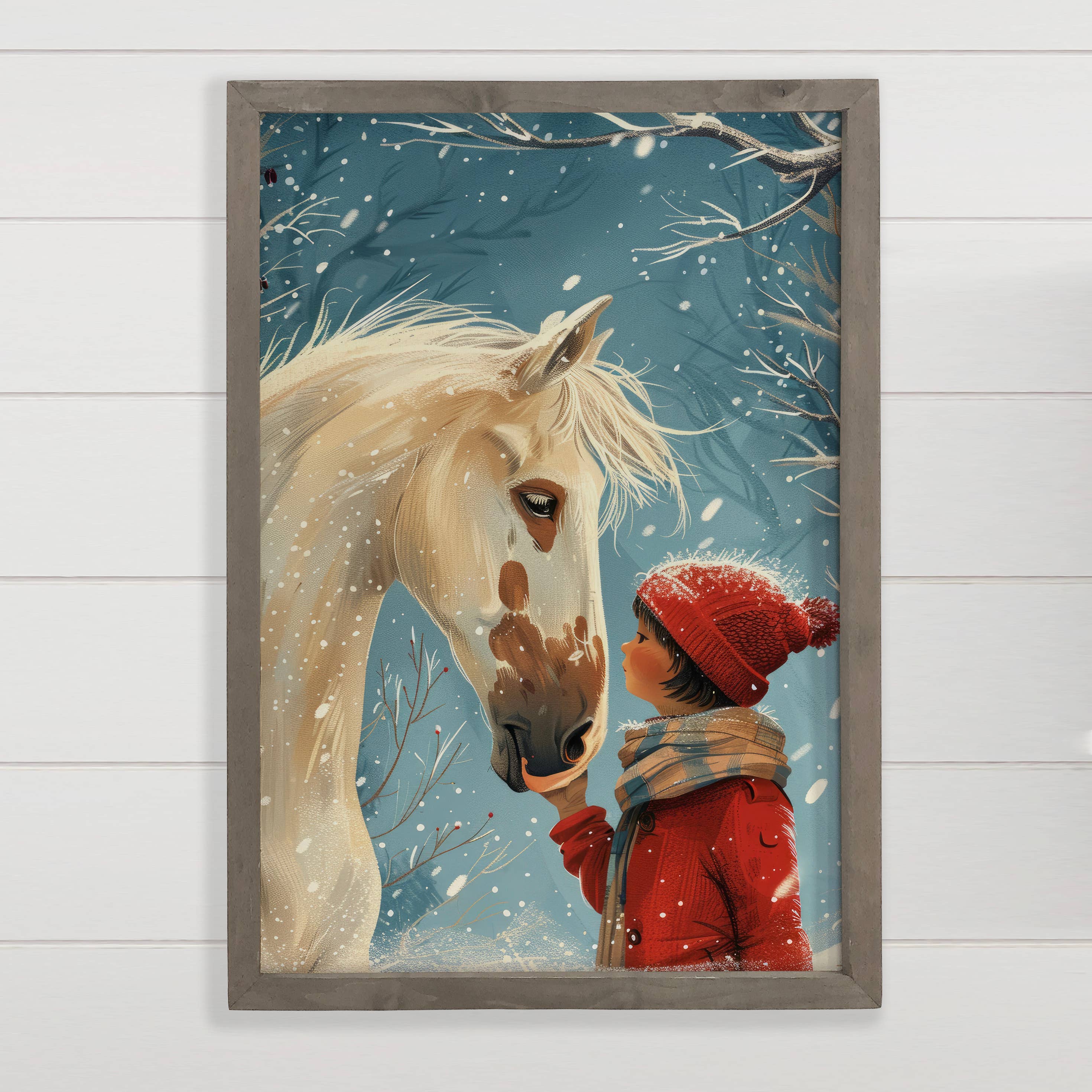 Snowy Horse and Girl - Winter Ranch House Canvas Art
