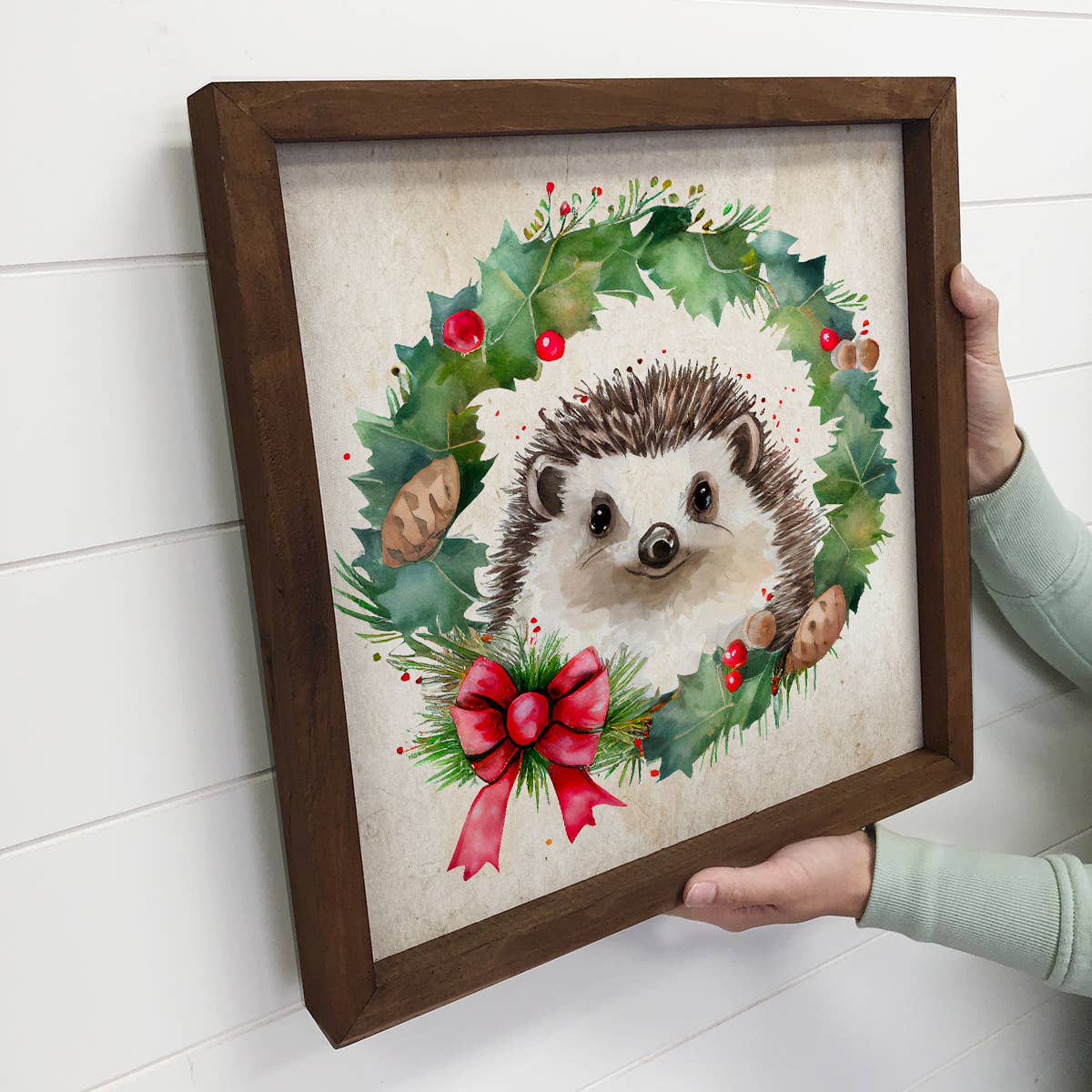 Christmas Wreath Hedgehog - Cute Holiday Animal - Framed Art