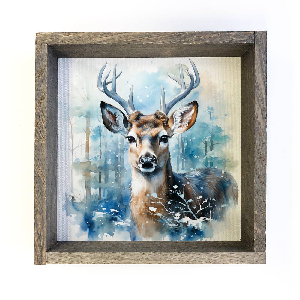 Winter Watercolor Deer Blue - Deer Canvas Art - Wood Framed