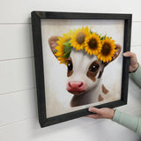 Cute Cow Farmhouse Sign - Baby Calf with Sunflowers Art