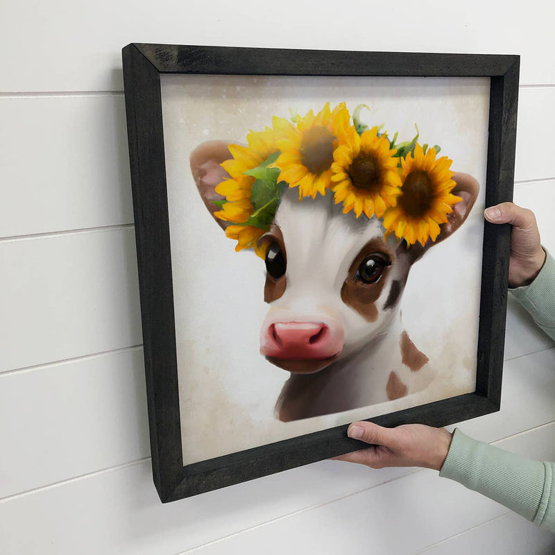 Cute Cow Farmhouse Sign - Baby Calf with Sunflowers Art