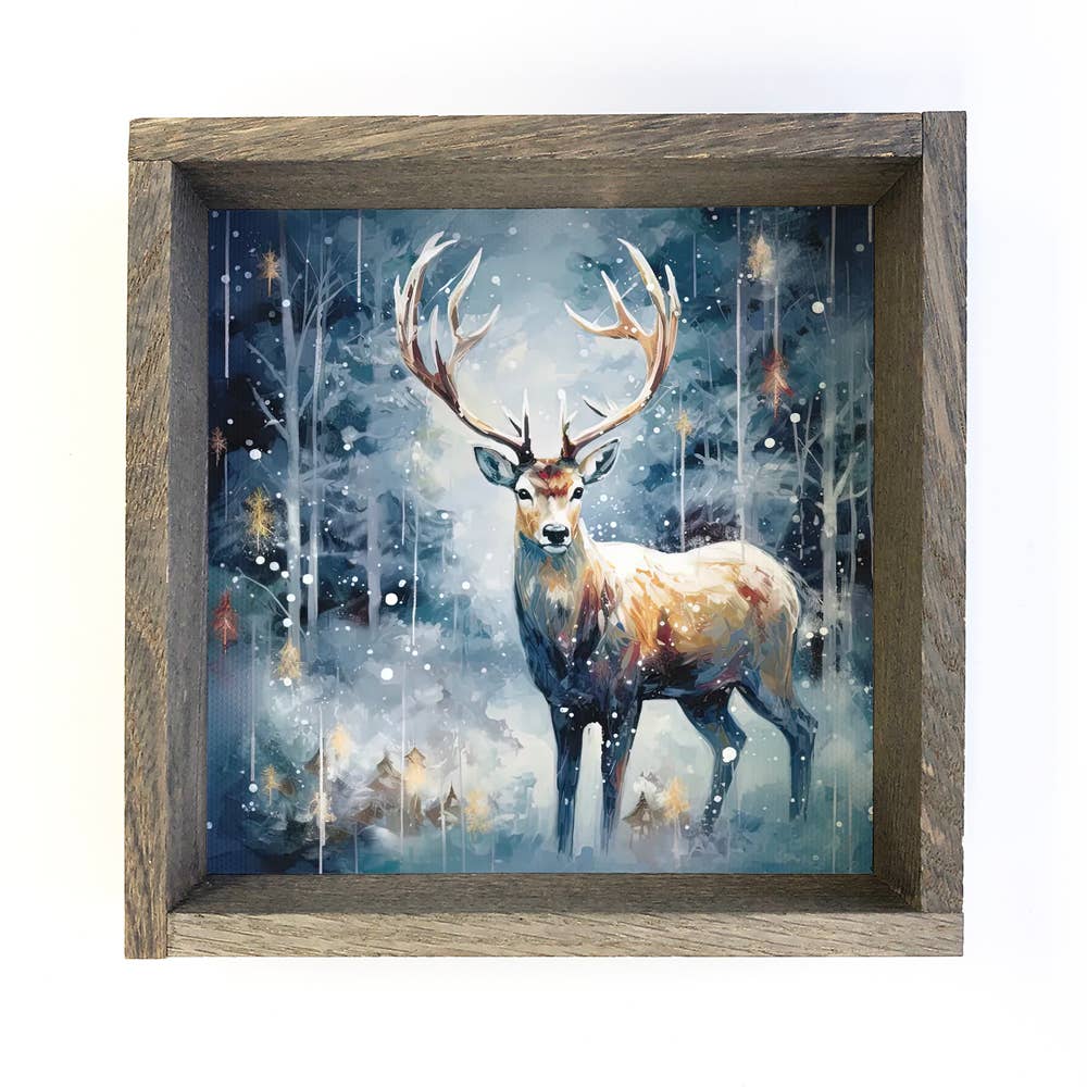 Reindeer in Blue Forest - Deer Canvas Art - Wood Framed Art