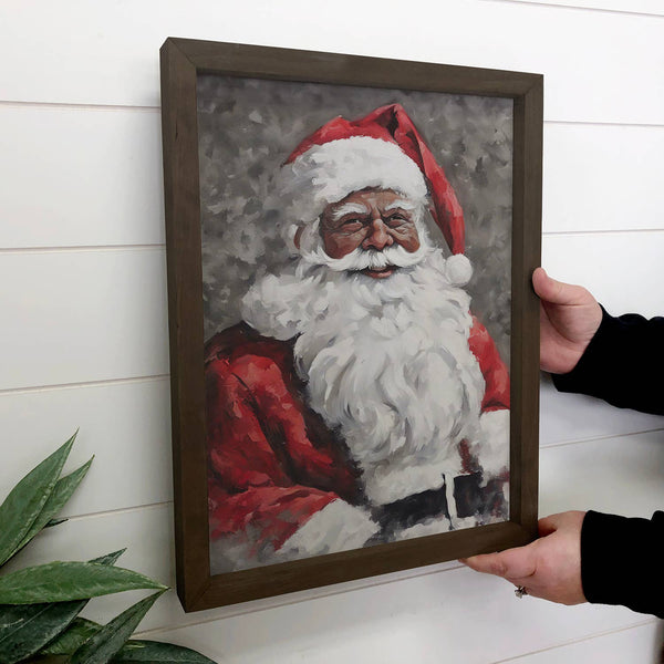 Wood Framed Holiday Canvas Art - Black Santa Holiday Decor