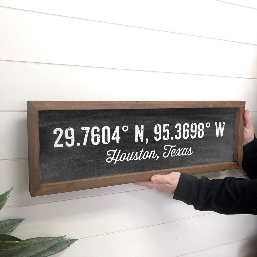 Custom Coordinates- Houston, Texas- Long Wooden Sign