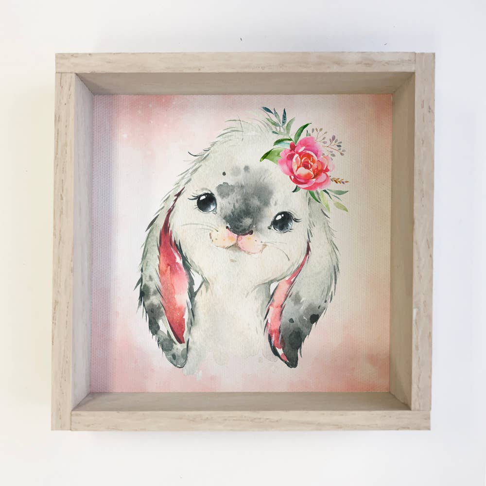 Little Girl Bunny Watercolor Small Whitewash Framed Decor