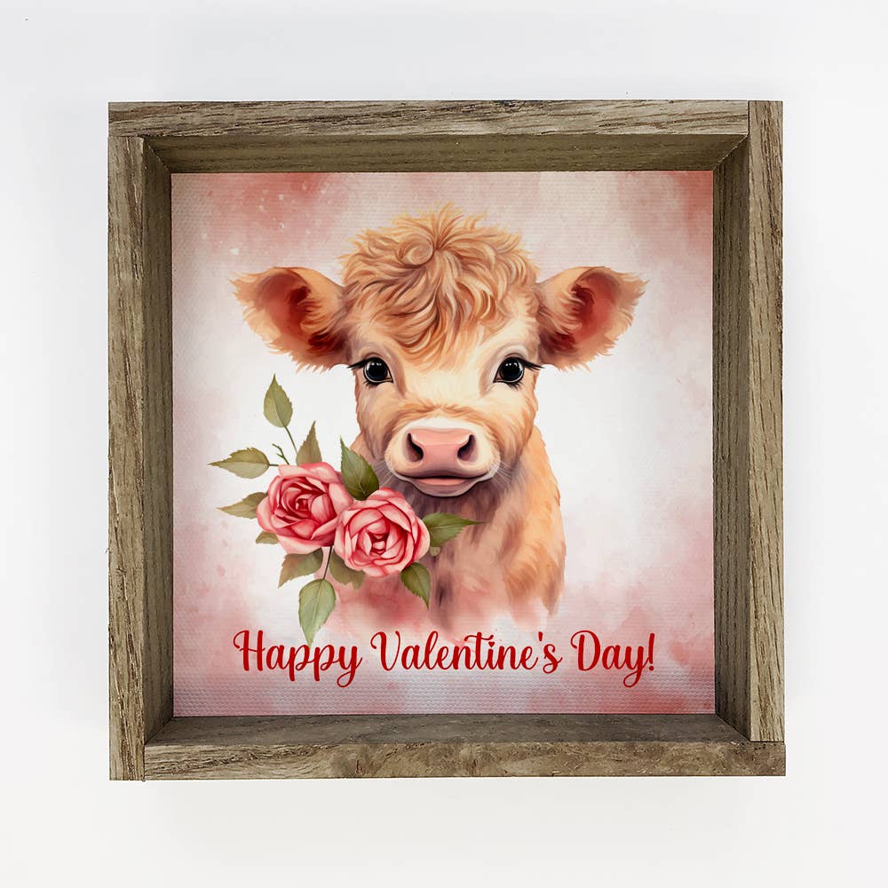 Happy Valentines Day Cow - Cute Cow Canvas Art - Wood Framed