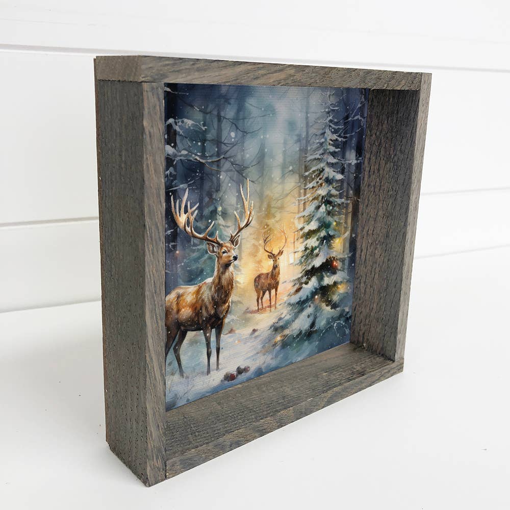 Reindeer and Christmas Tree - Christmas Canvas Art - Framed