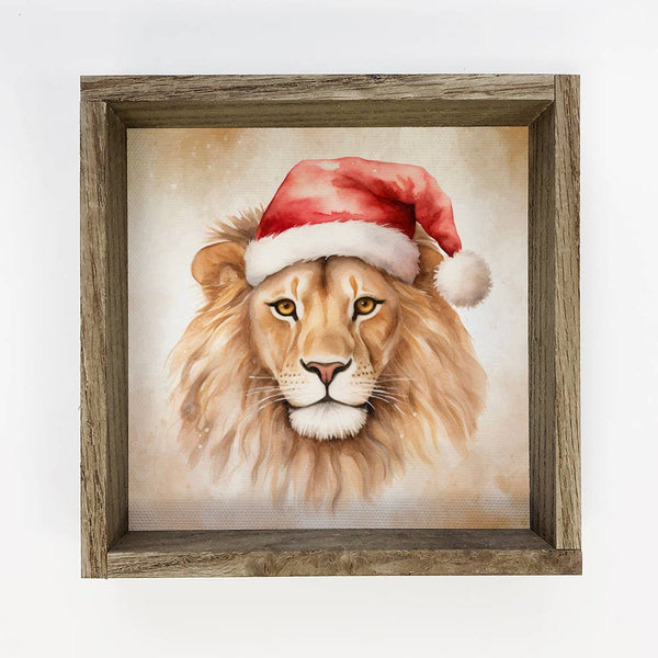 Lion Santa Hat - Cute Holiday Animal Canvas Art - Framed Art