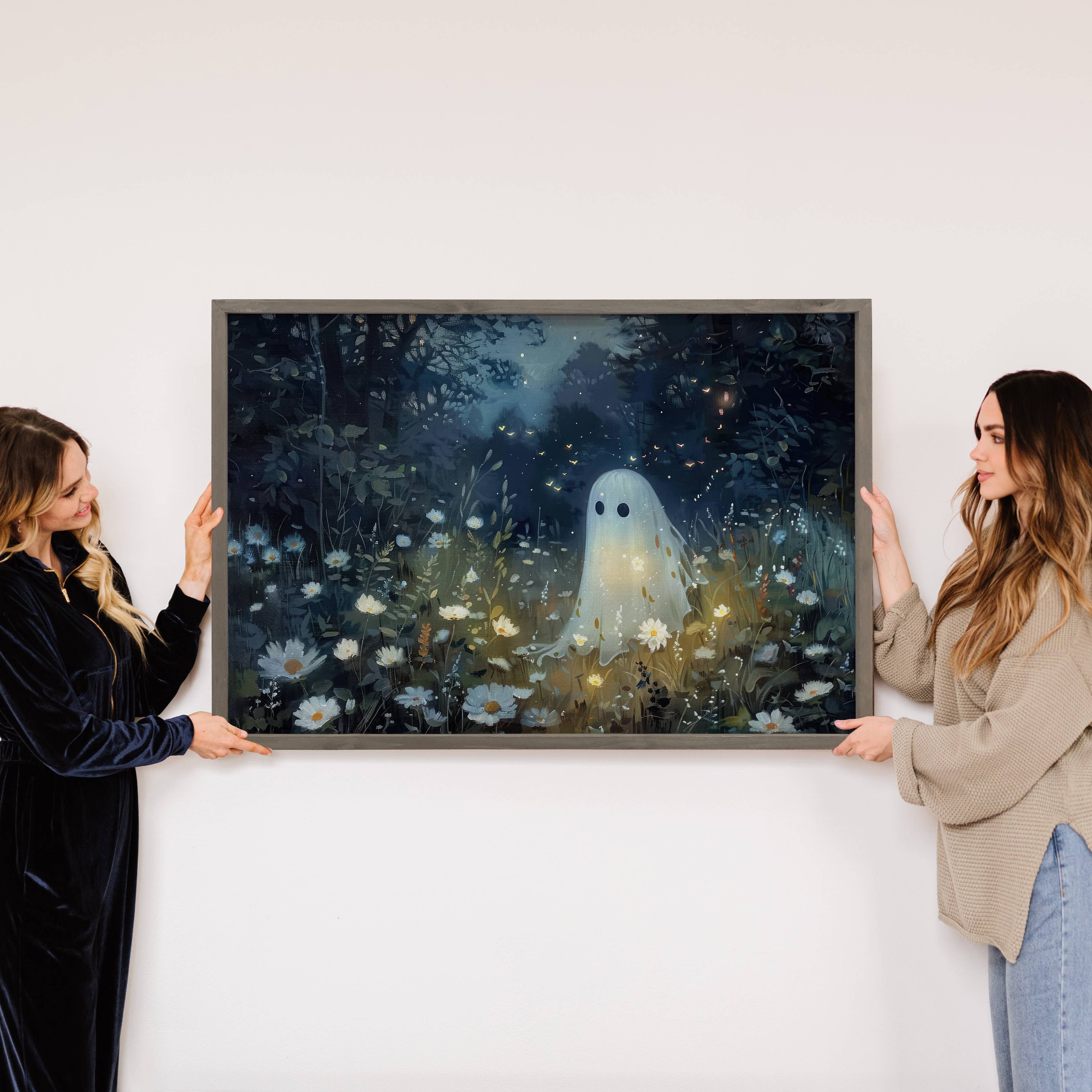 Cute Ghost in the Dark Meadow - Ghost Canvas Art - Framed