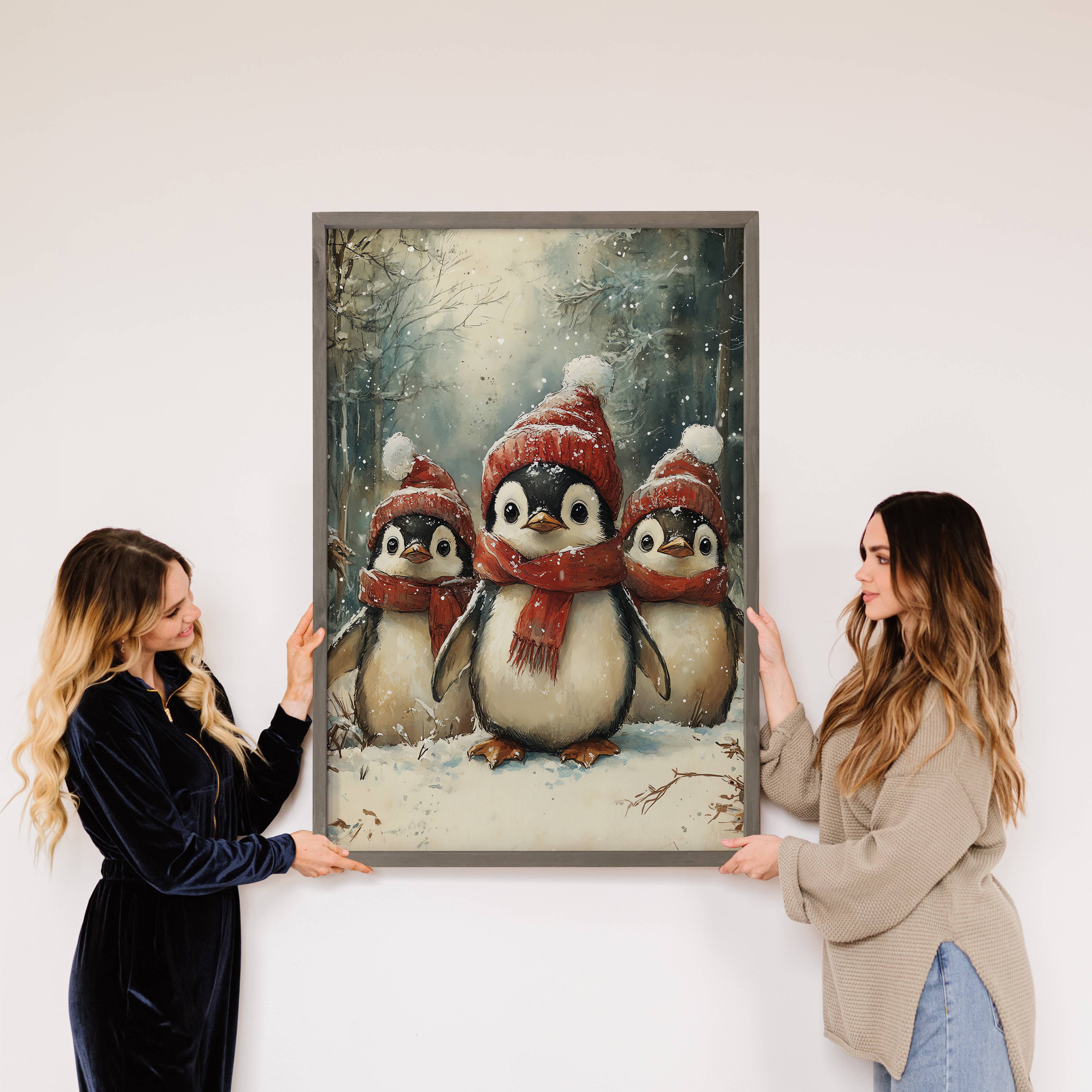 Penguins Bundled Up - Cute Winter Animal Canvas Art - Framed
