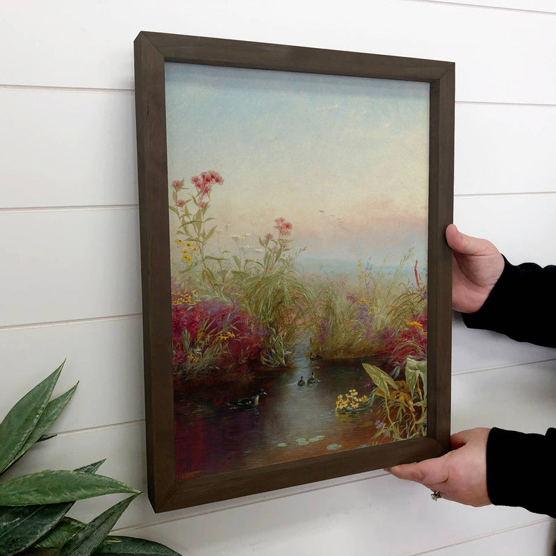Blooming River Flowers - River Landscape Canvas Art - Framed