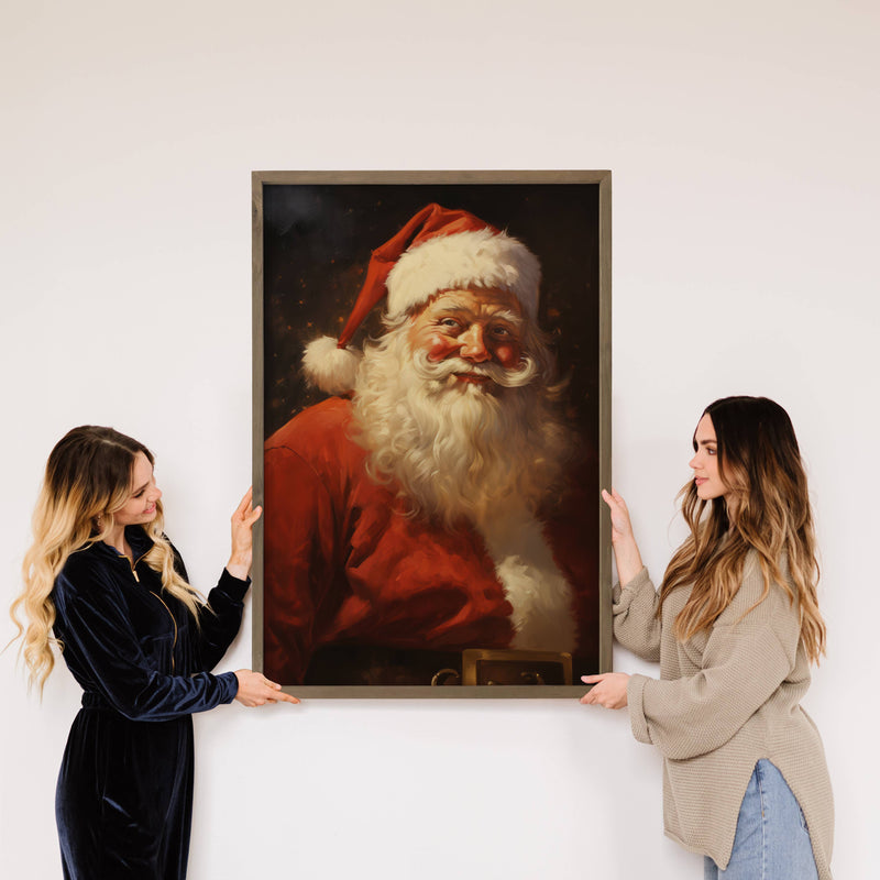 Santa Dark Portrait - Holiday Canvas Art - Wood Framed Decor