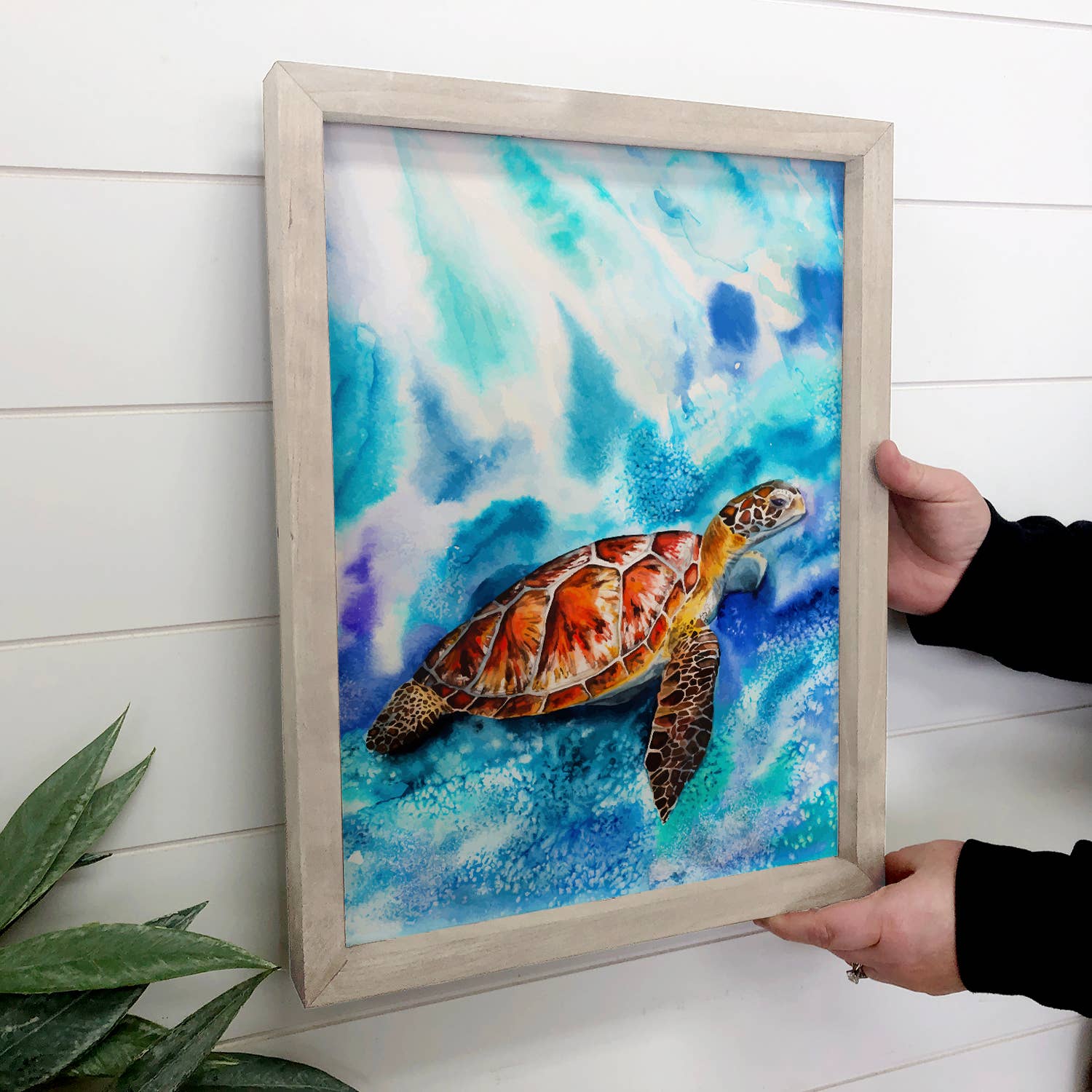 Turtle Underwater Watercolor - Beach House Wall Art - Framed