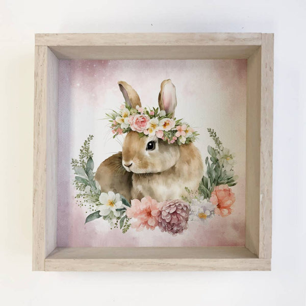 Bunny Pink Flower Wreath - Spring Time Bunny - Wood Framed