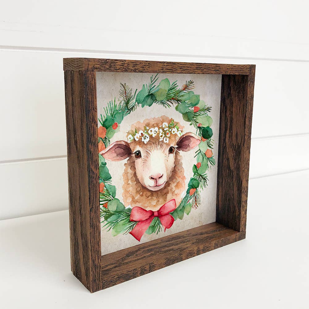 Christmas Wreath Sheep - Cute Holiday Animal - Framed Decor