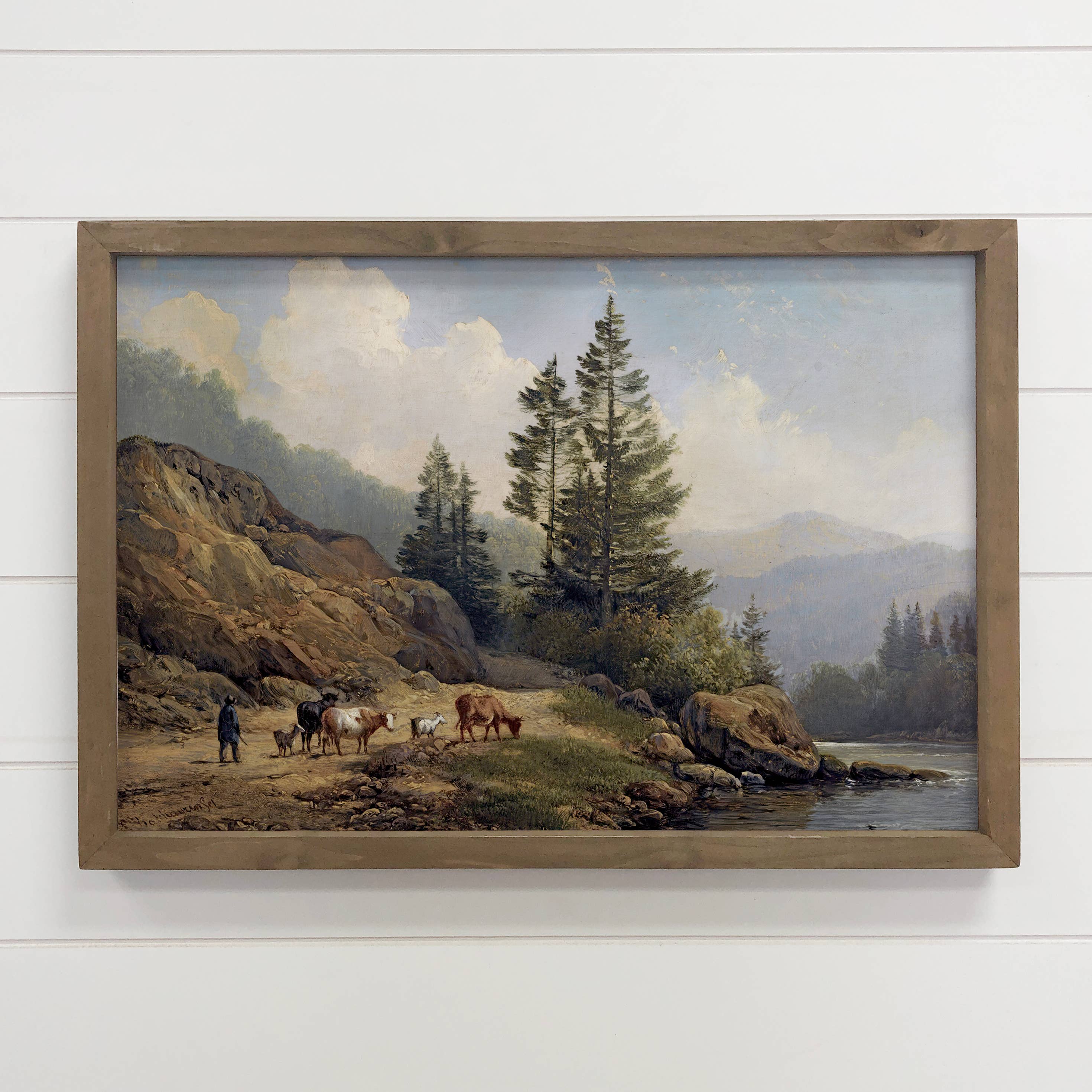 Mountains Herdsman Cows & Goats - Nature Canvas Art - Framed