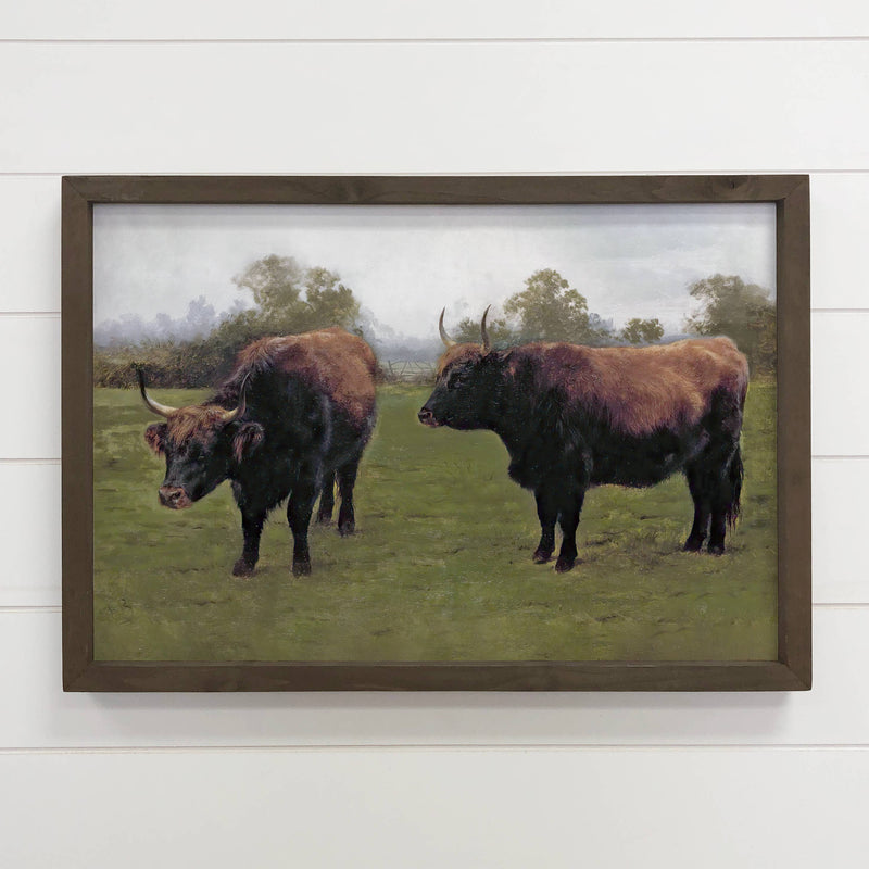 Dark Grazing Bulls - Bull Canvas Art - Wood Framed Wall Art