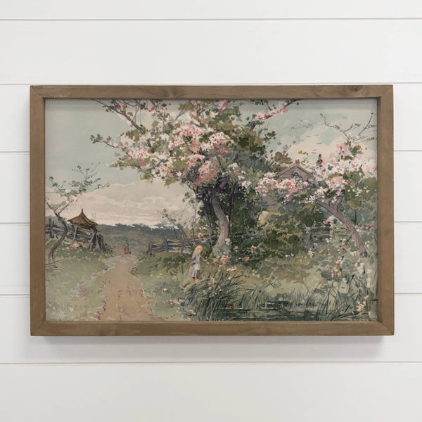 Spring Blossoms Farm Girl - Farmhouse Canvas Art - Framed
