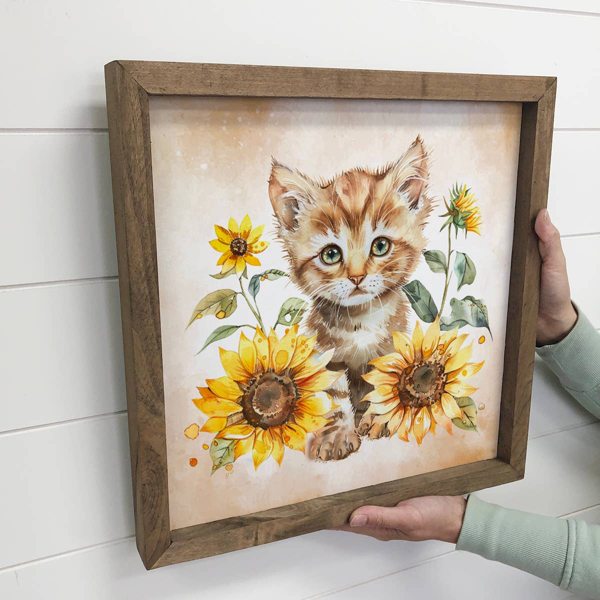 Kitty With Sunflowers - Cat Canvas Art - Wood Framed Decor