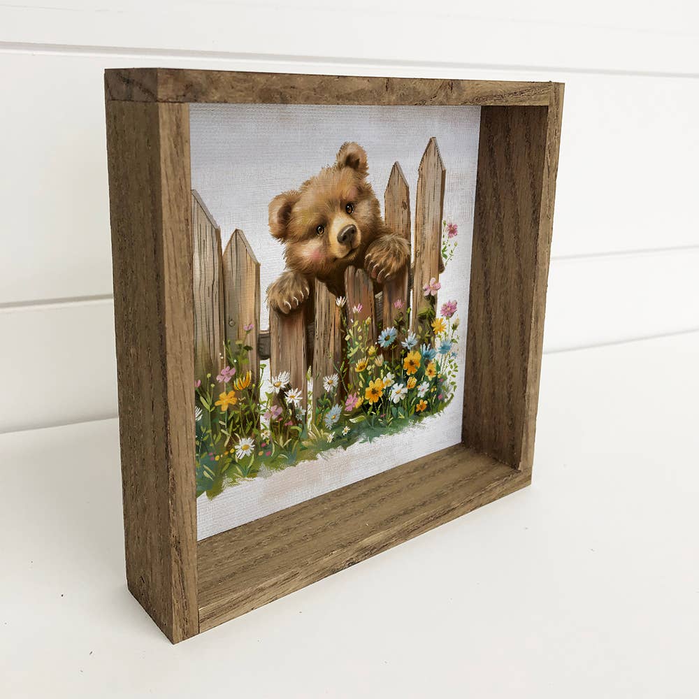 Bear Over Fence with Flowers - Bear Canvas Art - Wood Framed