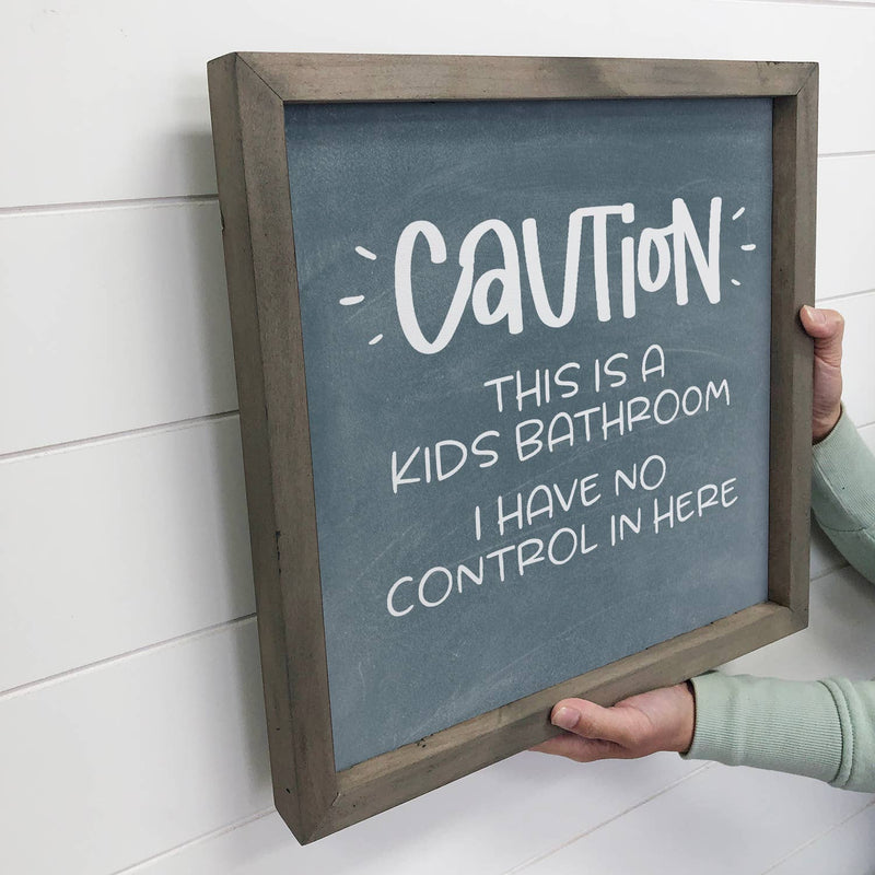 Kid's Bathroom Sign - Caution! Blue Canvas Wooden Frame