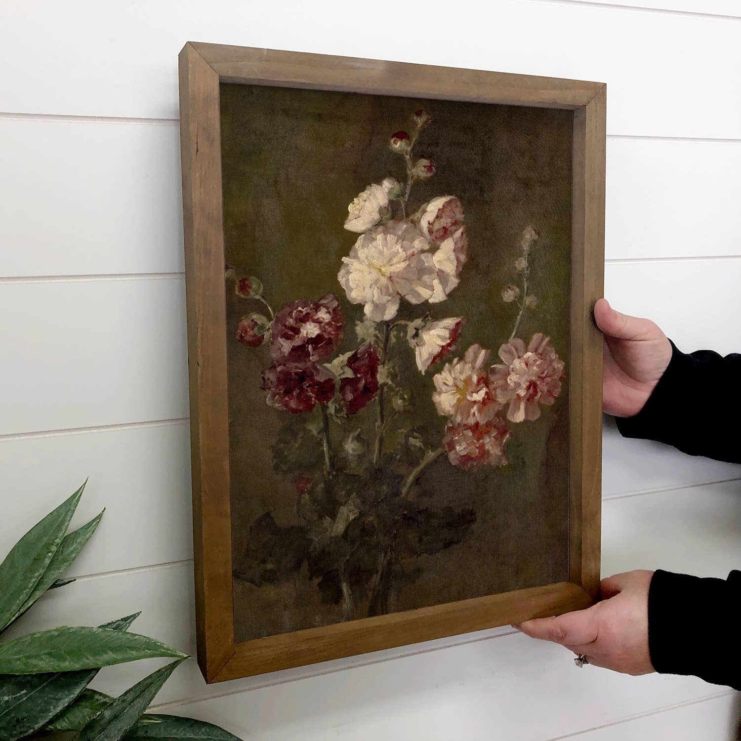 Vintage Hollyhocks - Flower Canvas Art - Wood Framed Art