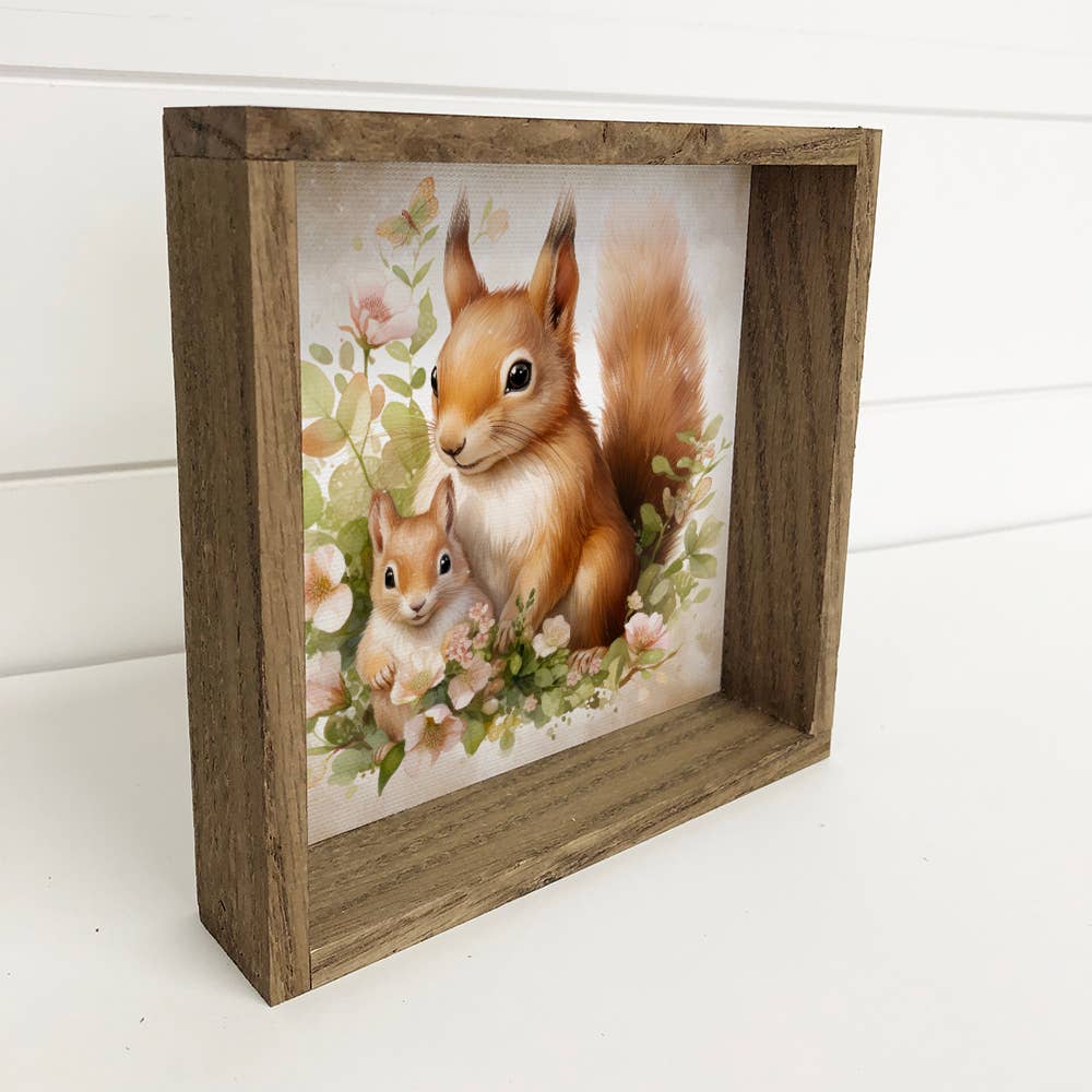 Mother Baby Squirrel Watercolor - Animal Canvas Art - Framed