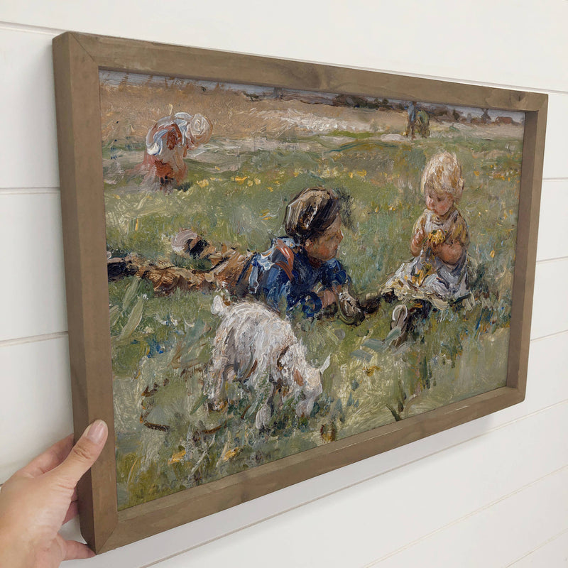 Children and Goat - Farmhouse Canvas Art - Wood Framed Decor