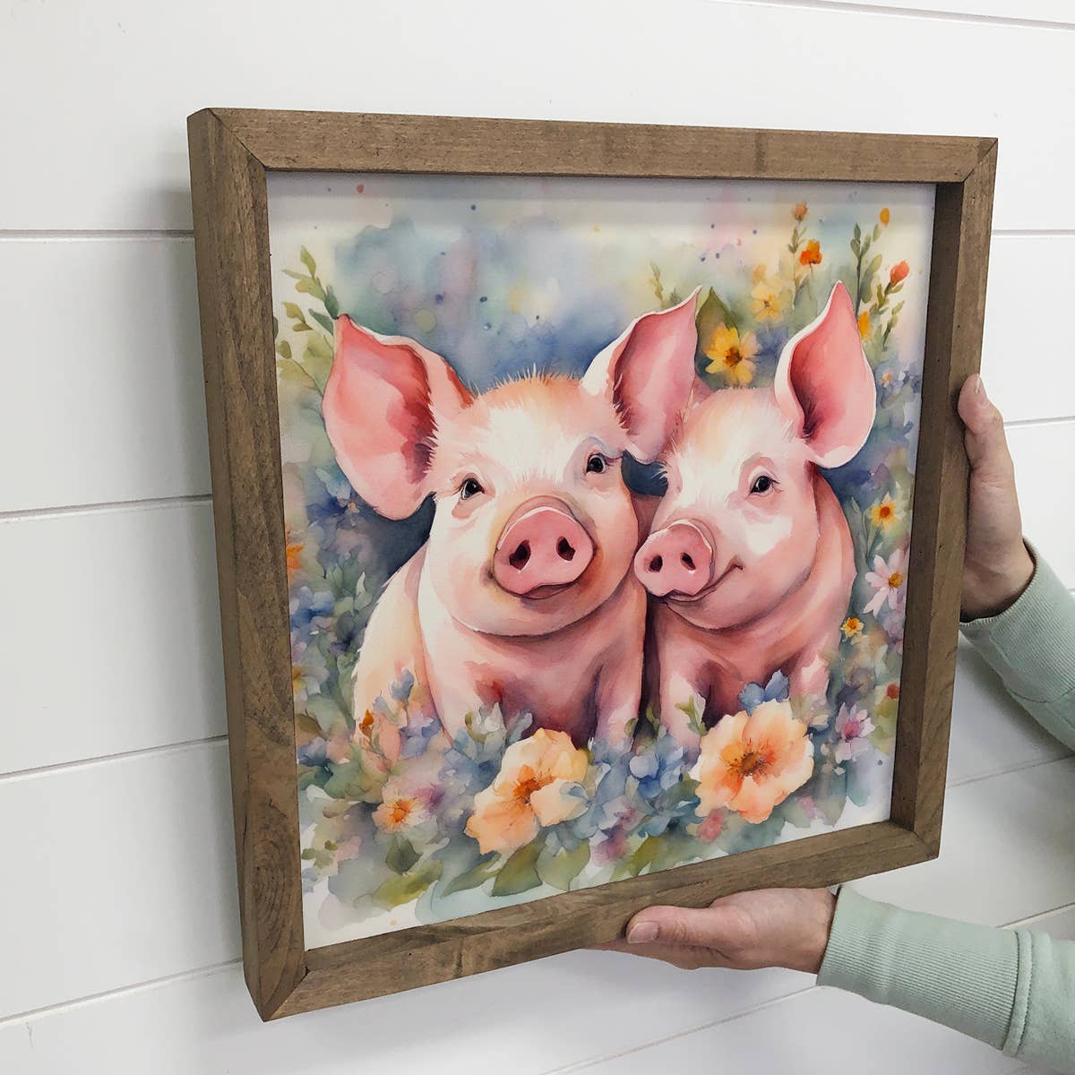 Pig Pair in Flowers - Spring Time Pig Canvas Art - Framed