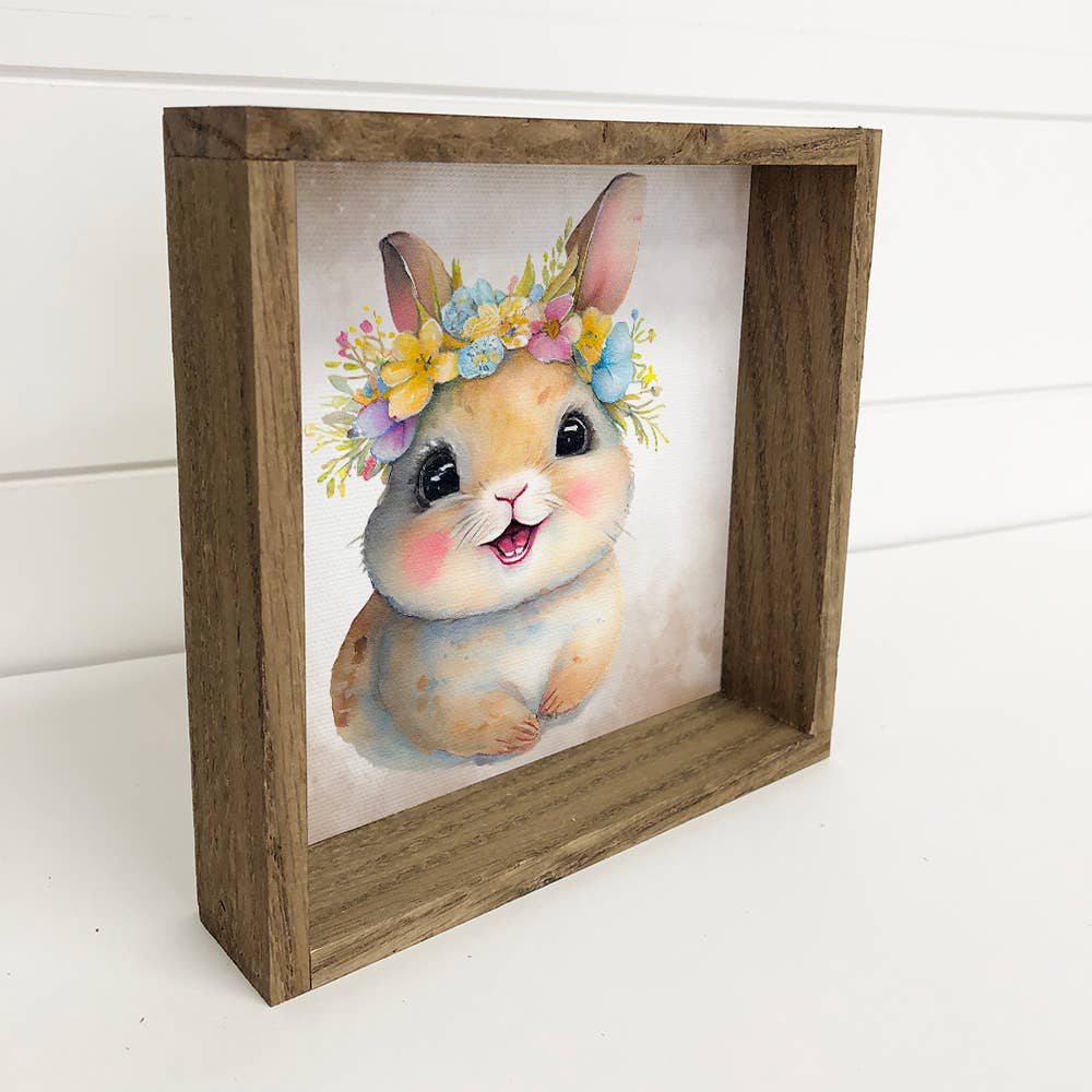 Cute Flower Bunny - Nursery Art with Rustic Wood Frame