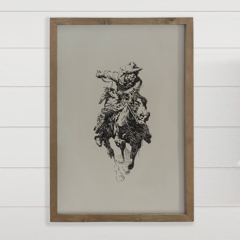 Galloping Cowboy - Ranch House Canvas Art - Wood Framed Art