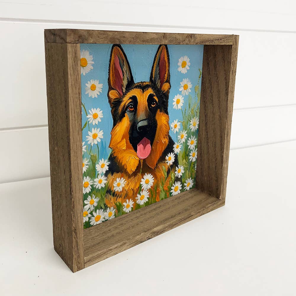 German Shepard and Daisies - Dog and Flowers Canvas Art