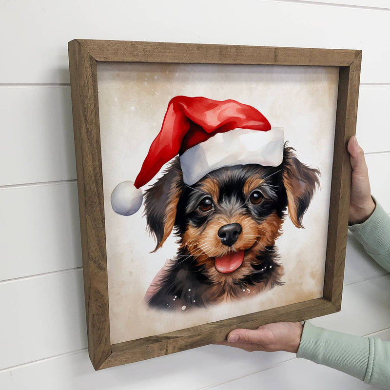 Yorkie Mix Puppy Santa Hat - Cute Framed Holiday Animal Art