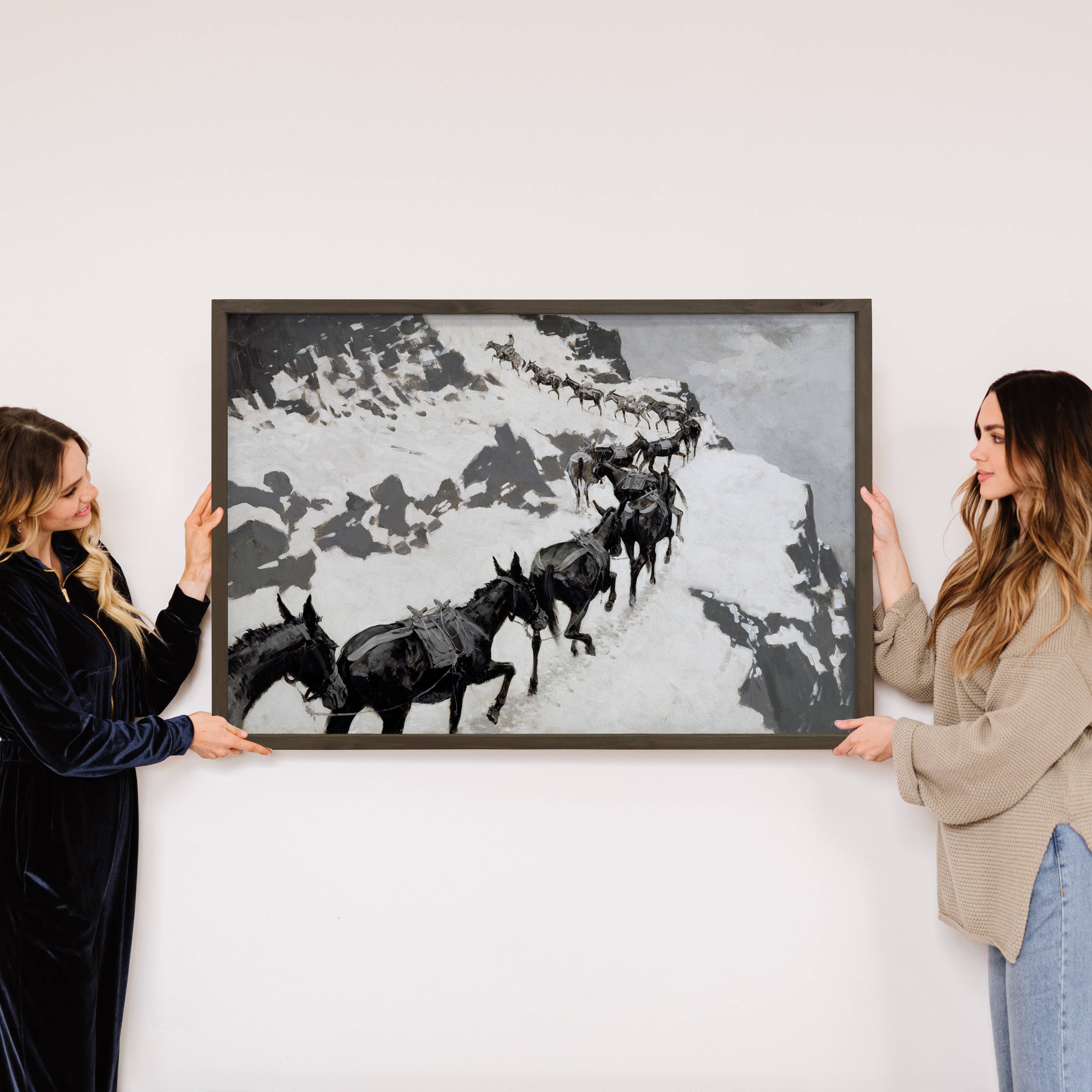 Mule Pack on Snowy Mountain - Cabin Canvas Art - Wood Framed