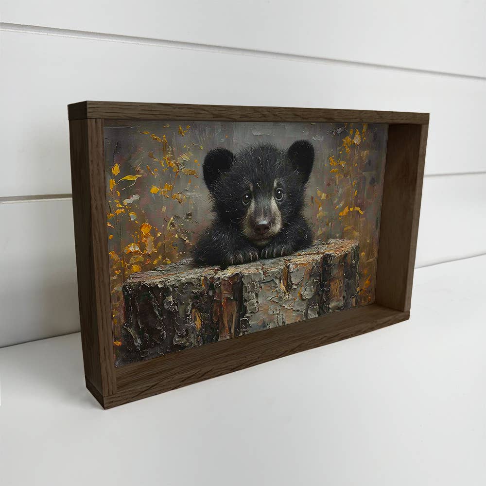 Black Bear Cub on Tree Stump - Mountain Cabin Wall Art Decor