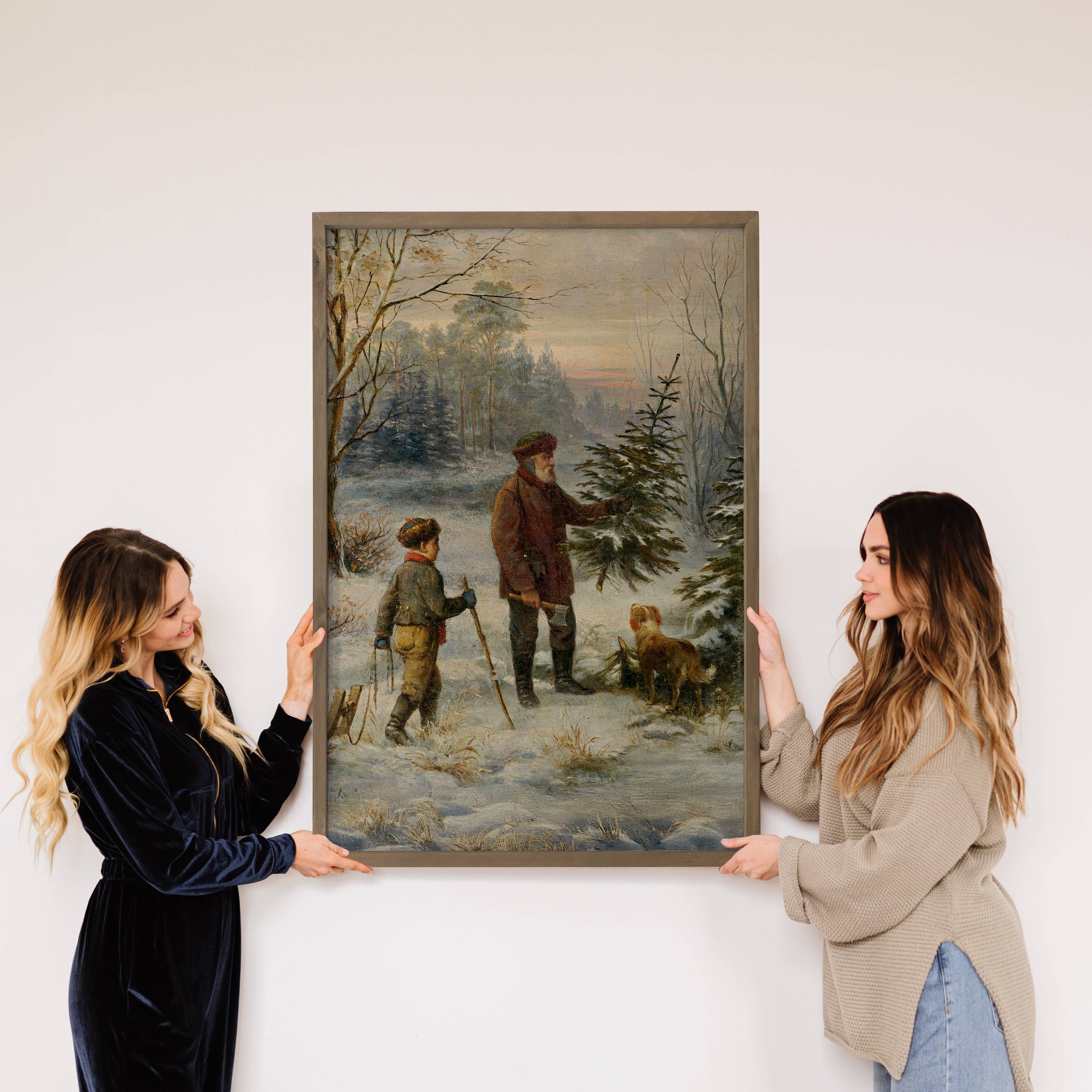 Father and Son Cut Christmas Tree - Vintage Holiday Wall Art