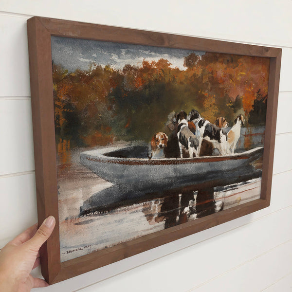 Hunting Dogs on a Boat - Dog canvas Wall Art - Wood Framed