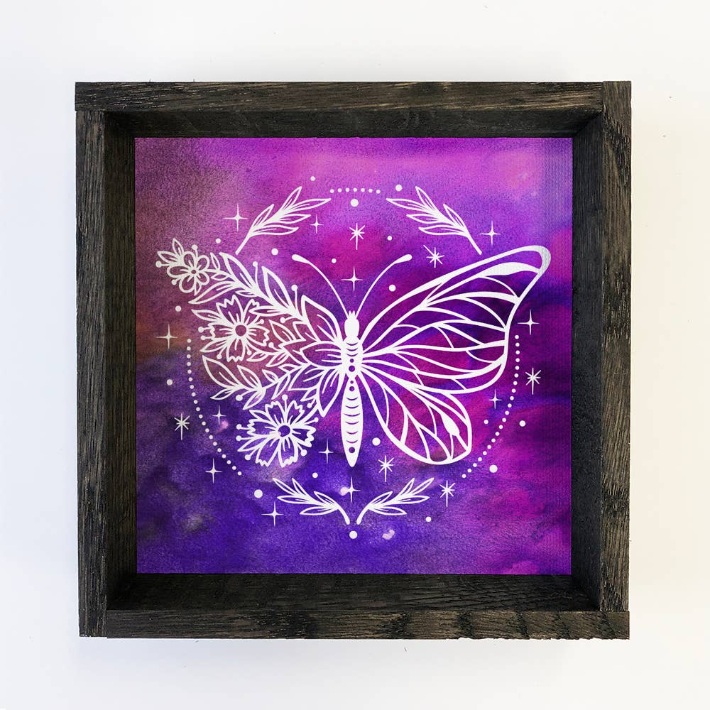 Cosmic Butterfly Purple Canvas Wall Art Ebony Wood Frame