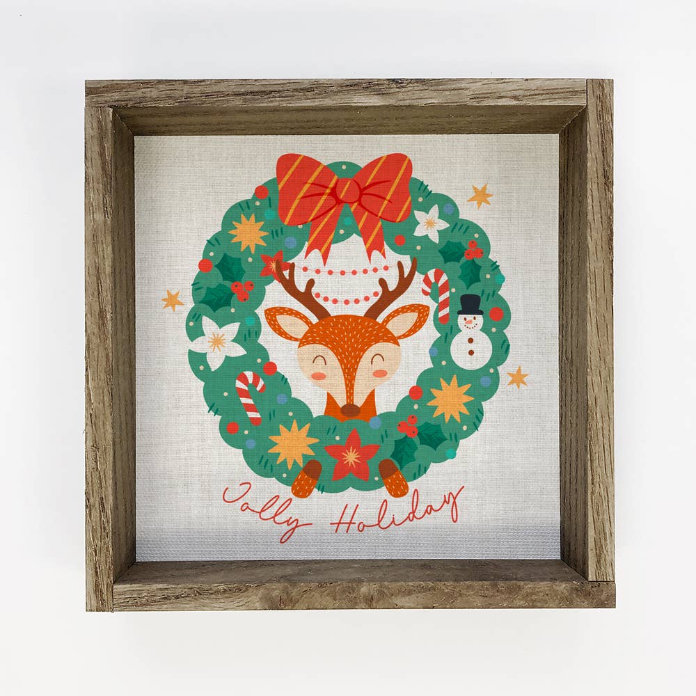 Jolly Holiday Deer Wreath - Holiday Canvas Art - Framed Art