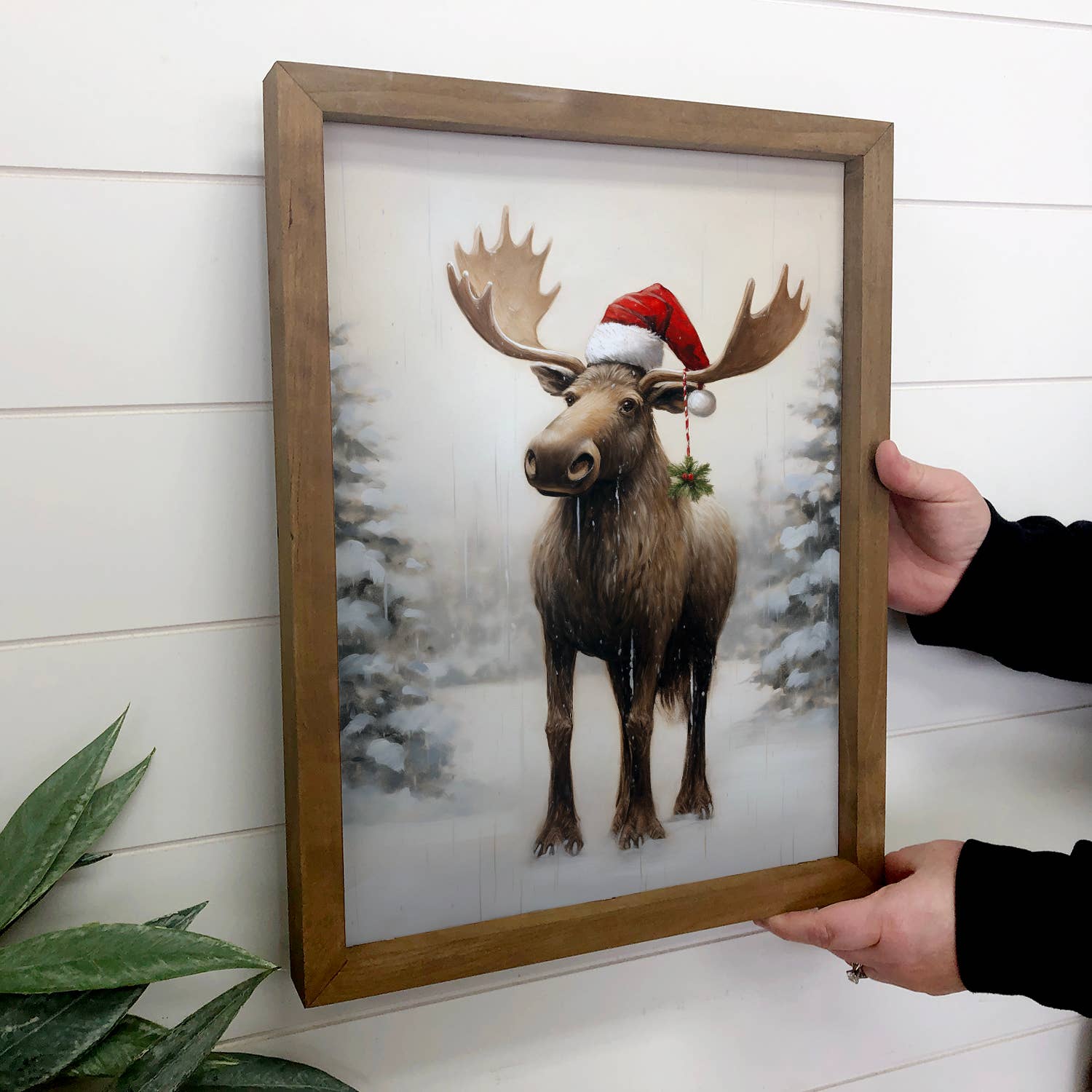 Christmas Moose Santa Hat - Animal Christmas Canvas Art