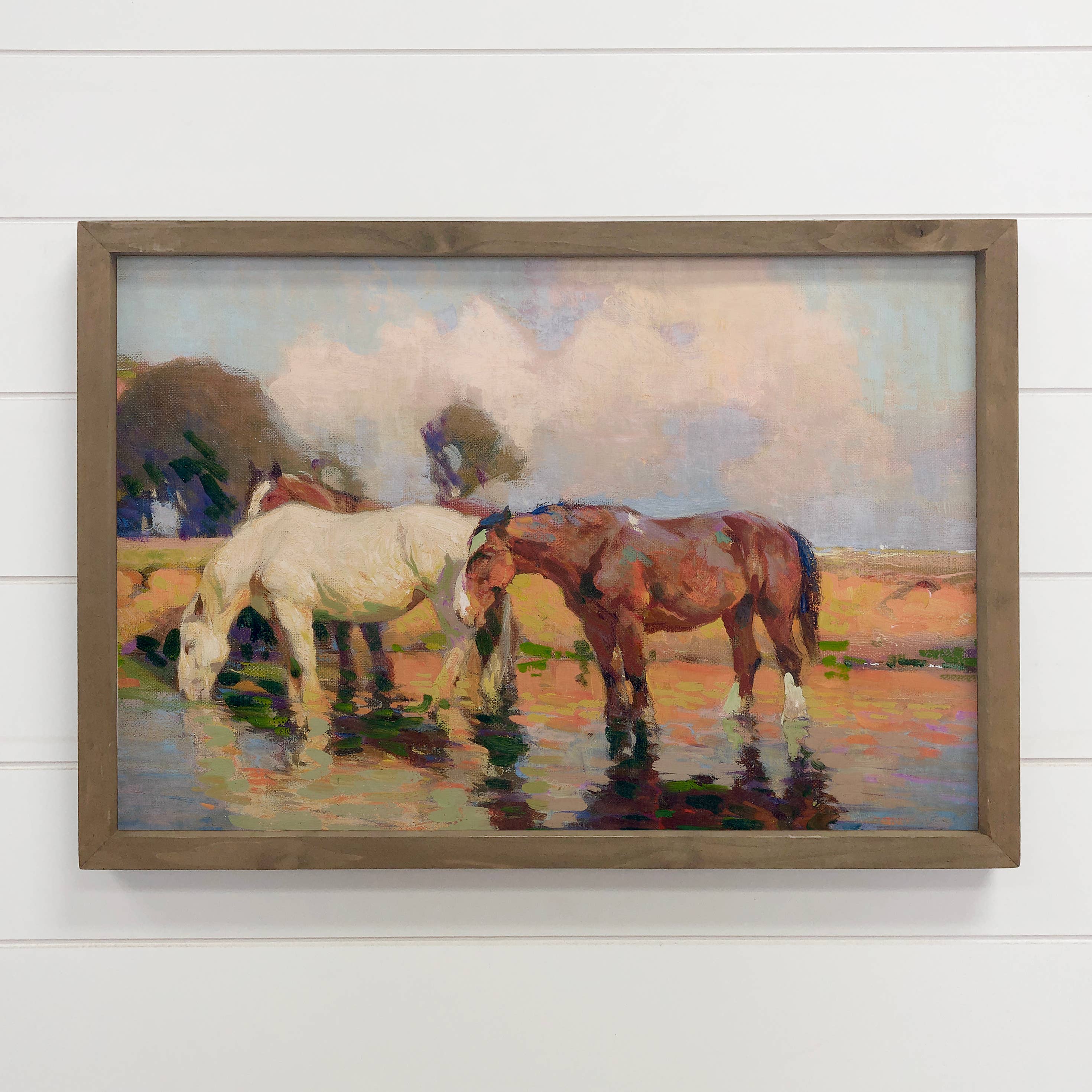 Horses Water Hole - Horse Canvas Art - Wood Framed Wall Art
