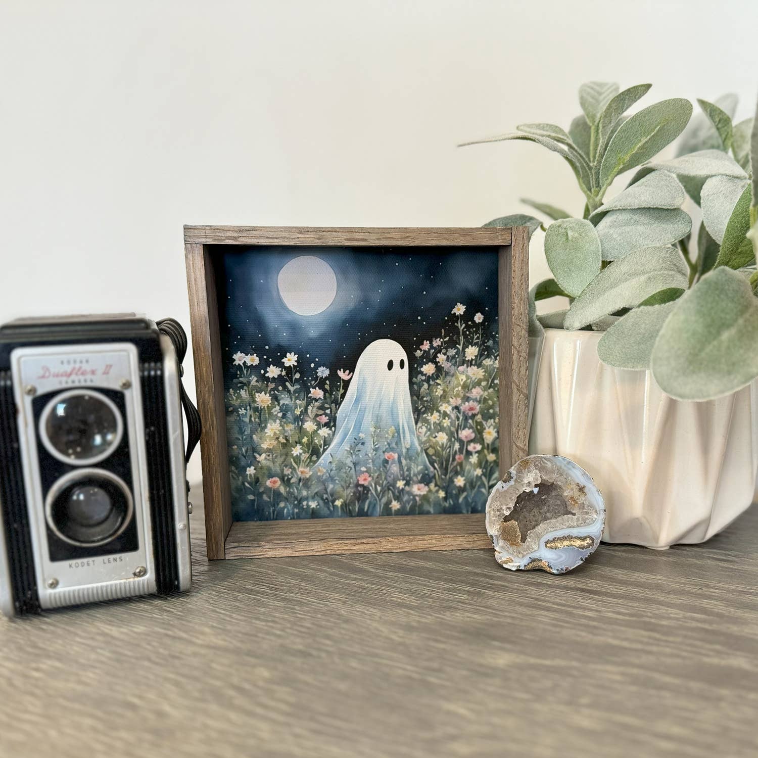 Cute Ghost in Wildflowers - Halloween Canvas Art - Framed