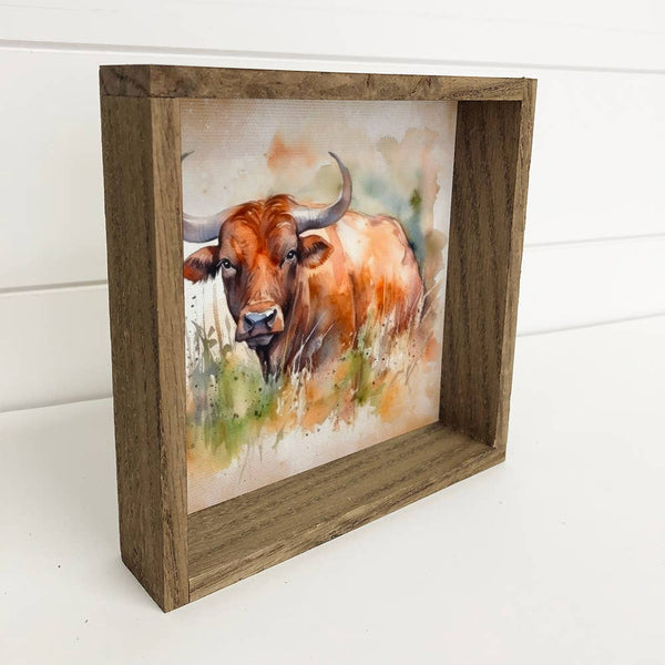 Bull in Wildflowers - Wood Framed Ranch House Canvas Art