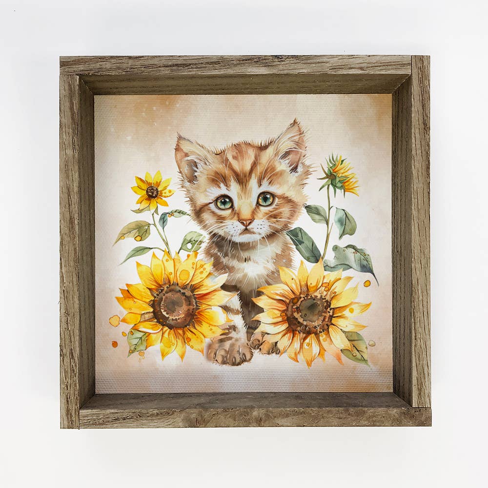 Kitty With Sunflowers - Cat Canvas Art - Wood Framed Decor