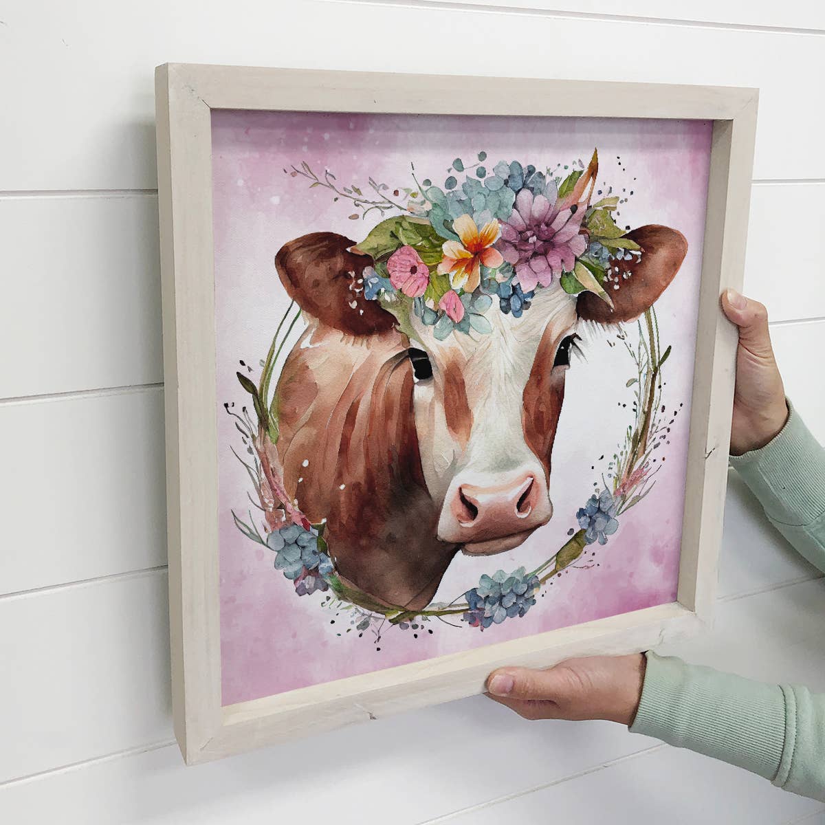 Spring Wreath Cow - Spring Time Animals Canvas Art - Framed