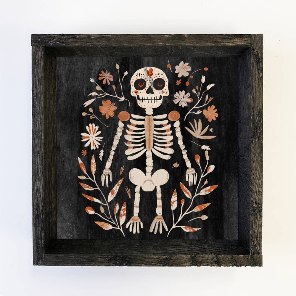 Folk Halloween Skeleton Flowers - Folk Halloween Canvas Art