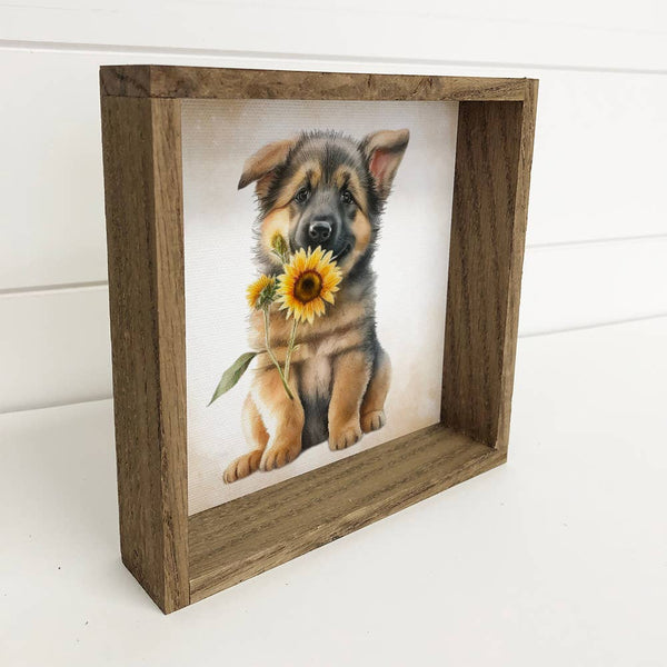 Sunflower German Shepard - Cute Puppy and Flowers - Fall Art