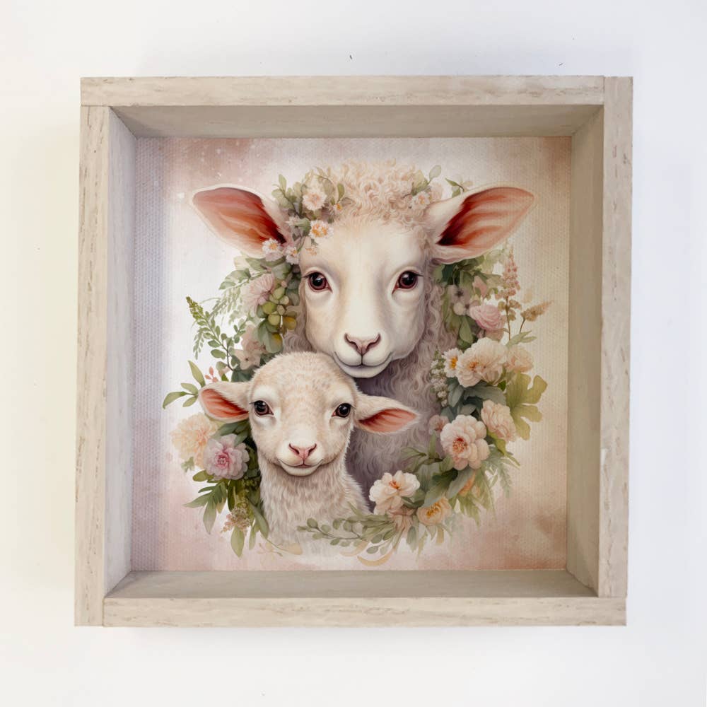 Mother Baby Sheep Watercolor - Sheep Canvas Art - Wood Frame