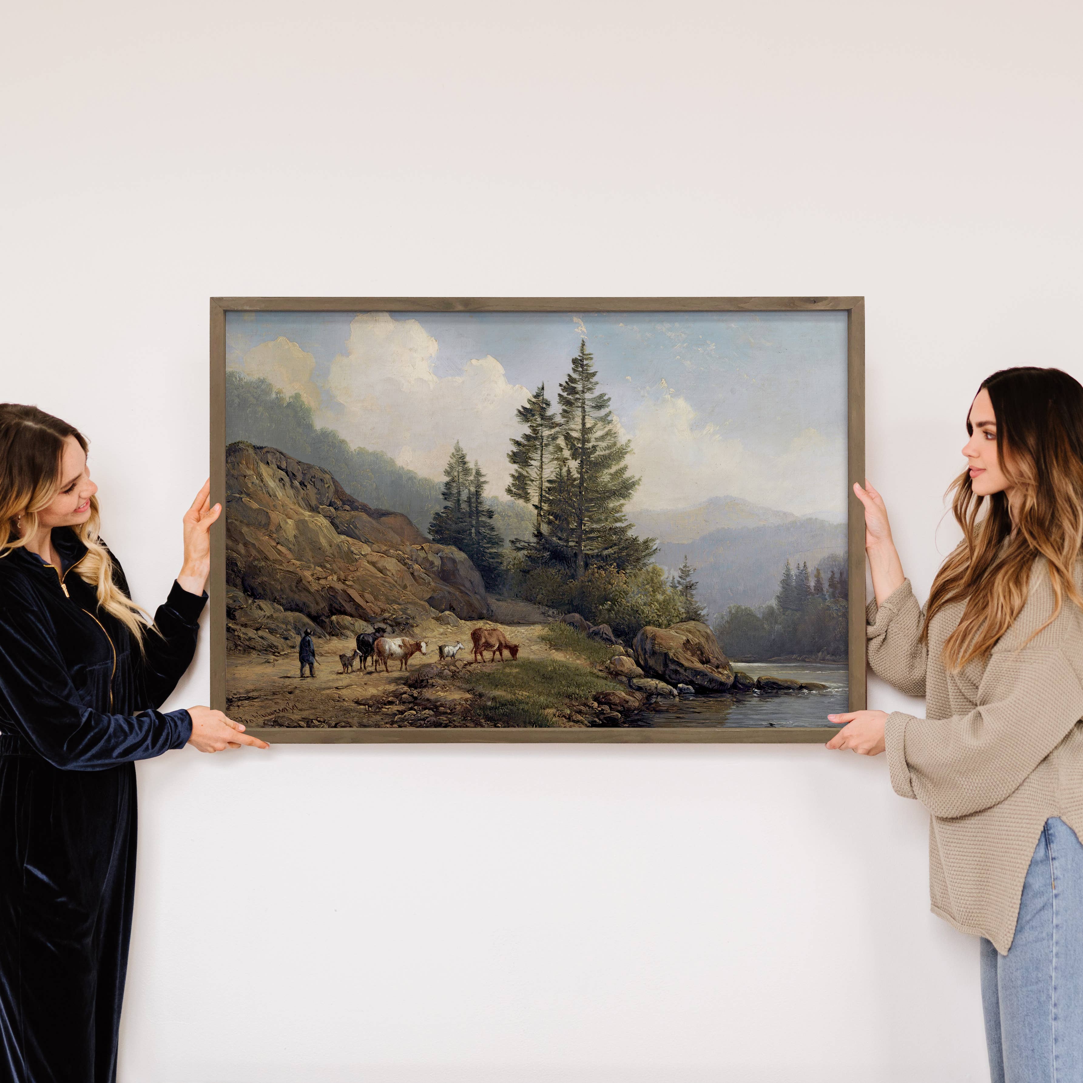 Mountains Herdsman Cows & Goats - Nature Canvas Art - Framed